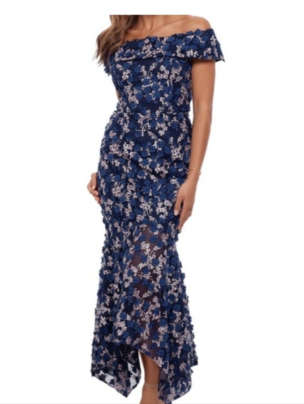 Xscape Navy Floral Lace Off Shoulder Dress